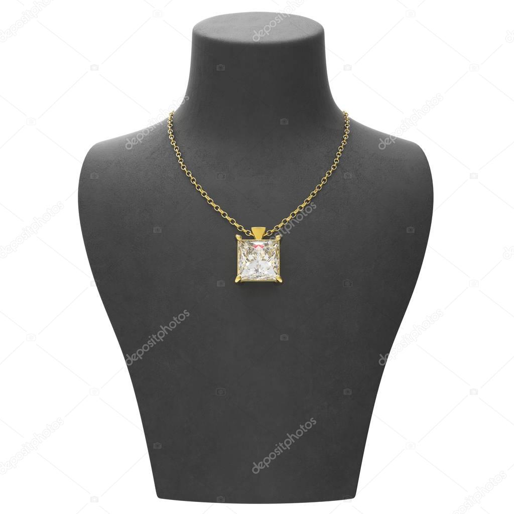 3D illustration gold necklace with diamonds on a black mannequin