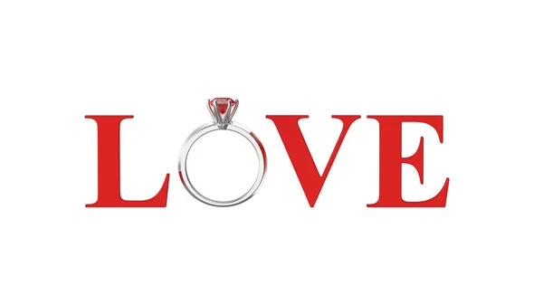 3D ilustrace izolované červený text slovo láska s ruby se stříbrem rin — Stock fotografie