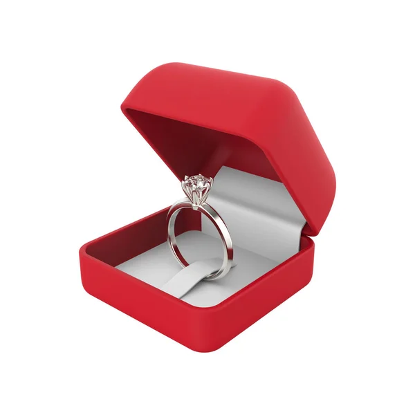 3D illustration isolated silver diamond ring in a red box on a w — Stock Photo, Image