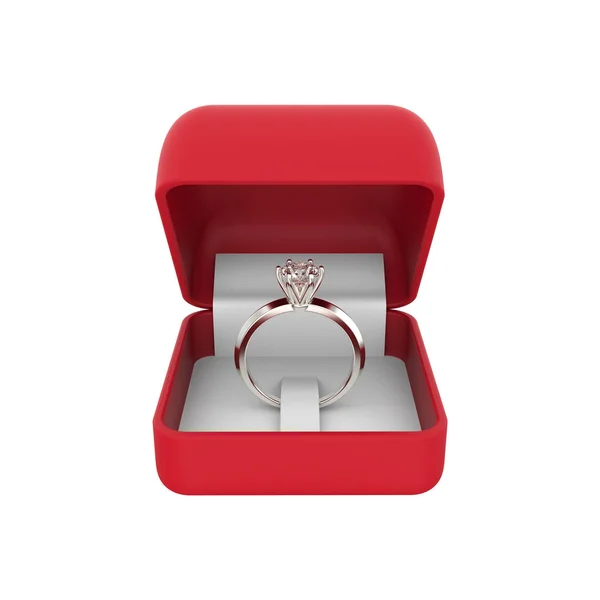 3D illüstrasyon izole gümüş elmas yüzük bir w üzerinde kırmızı bir kutu içinde