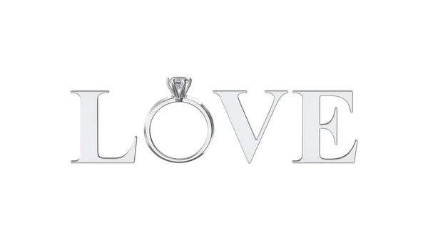 Ilustración 3D aislado texto de plata palabra amor con diamante wedd — Foto de Stock