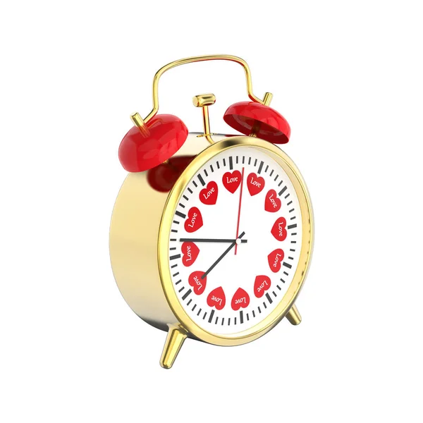 3D illustration closeup isolated gold clock with red hearts — Stock Photo, Image