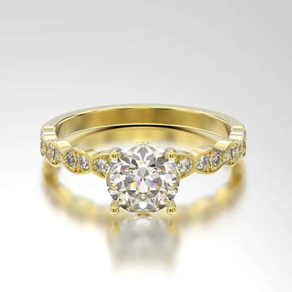 3d 그림 옐로우 골드 반사와 다이아몬드 반지 — 스톡 사진