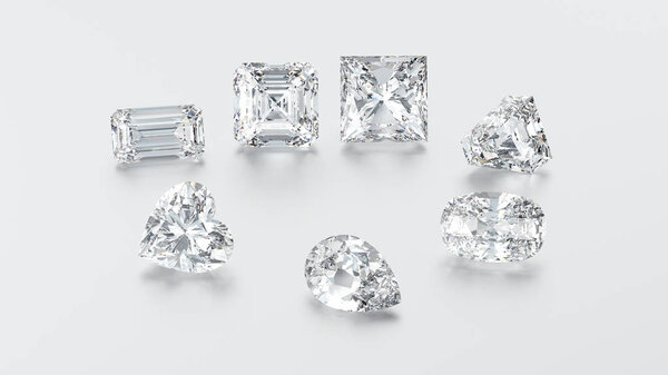 Группа 3D иллюстраций крупным планом из семи различных алмазов

