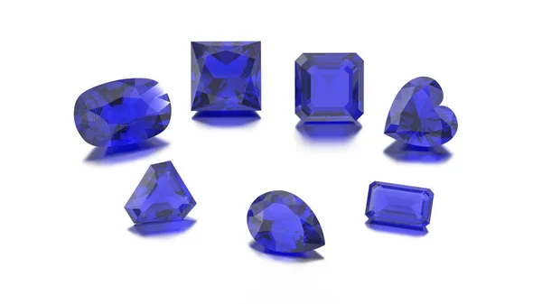 3D illustration closeup group of seven different sapphire diamon — Stock Photo, Image