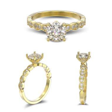 Sarı altın yüzük elmas zekâ ile 3D resimde üç görünümünü