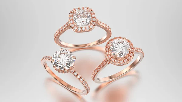Ilustracja 3D trzy różne różowego złota diamenty Pierścionki z re — Zdjęcie stockowe