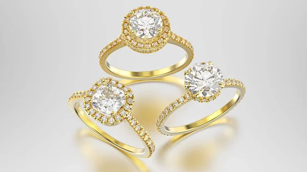 3D иллюстрация три различных желтых золотых бриллиантов кольца с — стоковое фото