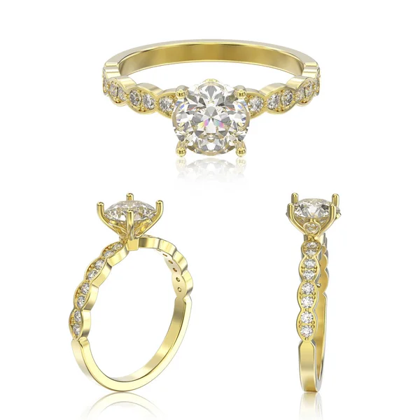 Ilustración 3D tres vistas del anillo de oro amarillo con diamantes ingenio — Foto de Stock