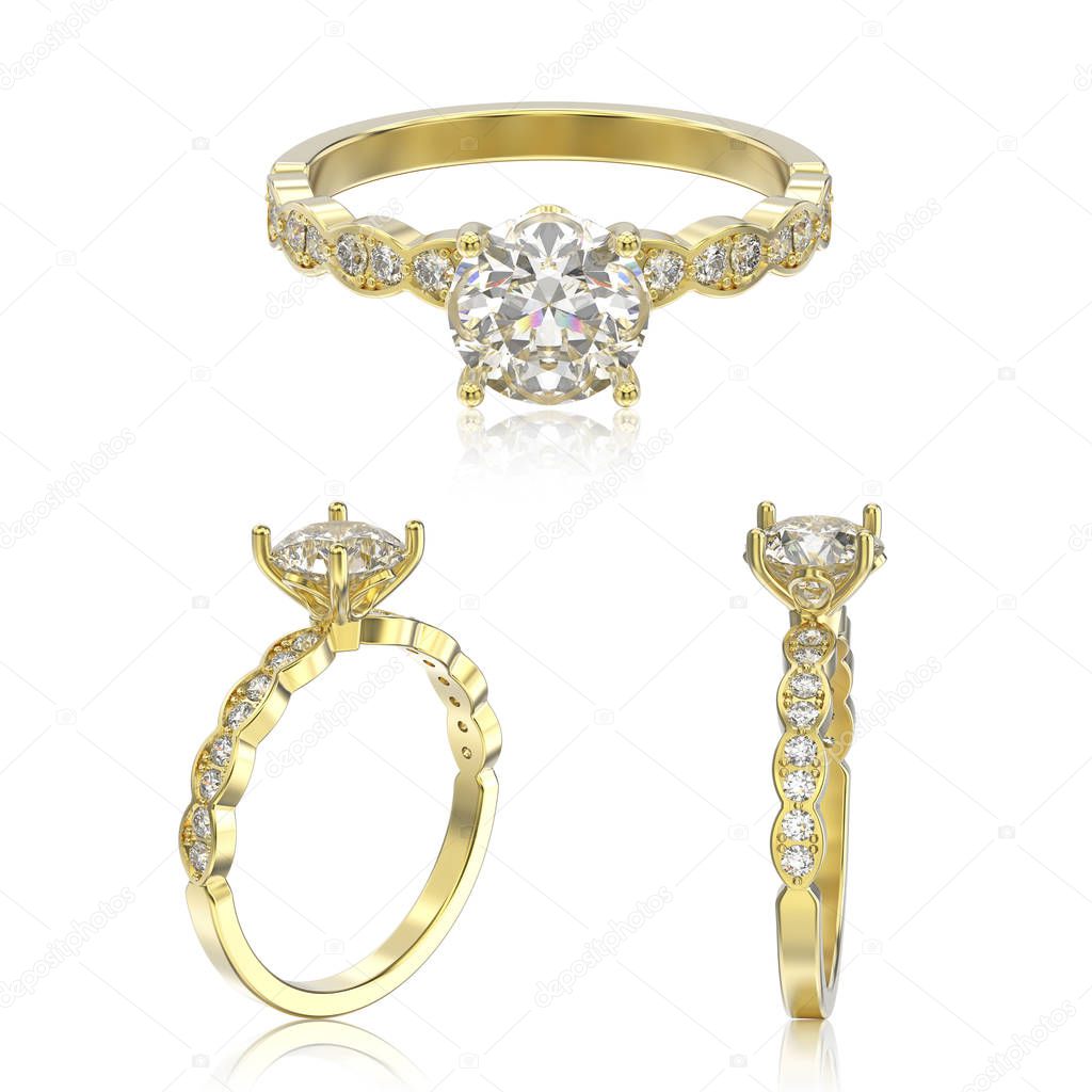 3D illustration three view of yellow gold ring with diamonds wit