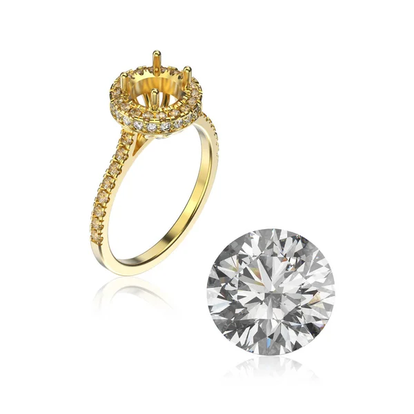 Ilustración 3D anillo de oro amarillo y diamante redondo con reflecti —  Fotos de Stock