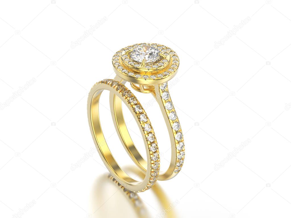 3D illustration yellow gold matching band set rings with diamond