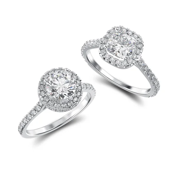 3D resimde iki beyaz altın veya gümüş elmas yüzük