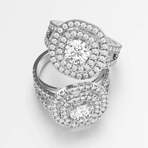 Illustrazione 3D due anelli in oro bianco o argento con diamanti arguzia — Foto Stock