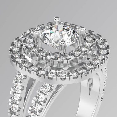 3D illüstrasyon makro zoom beyaz altın veya gümüş elmas yüzükle