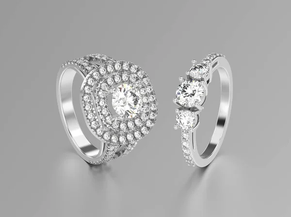 Illustrazione 3D due anelli in oro bianco o argento con diamanti — Foto Stock
