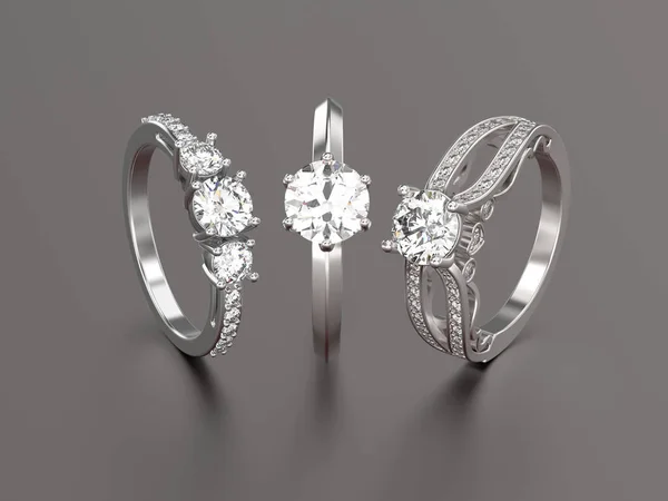 Ilustración 3D tres anillos de oro blanco o plata con diamantes w —  Fotos de Stock