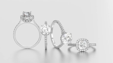 dört beyaz altın veya gümüş yüzük di ile 3D illüstrasyon izole