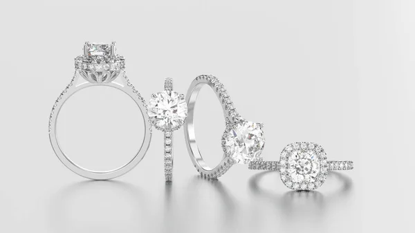 dört beyaz altın veya gümüş yüzük di ile 3D illüstrasyon izole