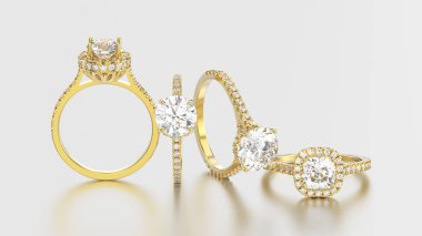 dört sarı altın yüzük elmas di ile 3D illüstrasyon izole