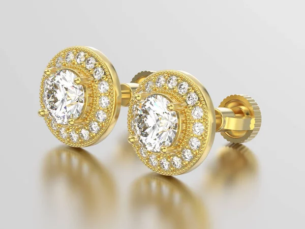 3D-s ábra két sárga arany gyémánt fülbevaló reflectio — Stock Fotó