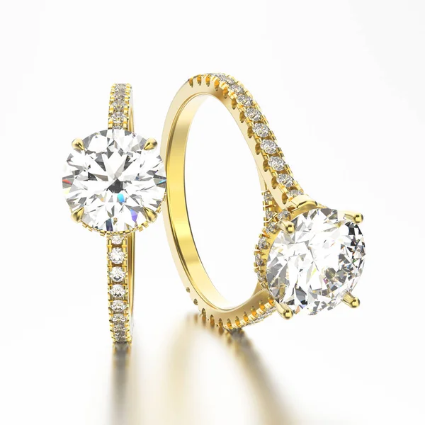 3D απεικόνιση δύο δαχτυλίδια Κίτρινο χρυσό διαμάντια με αντανάκλαση — Φωτογραφία Αρχείου