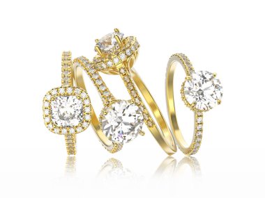 dört sarı altın yüzük elmas di ile 3D illüstrasyon izole