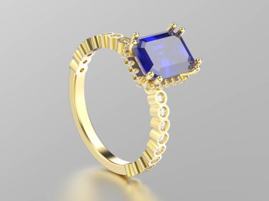 3D resimde sarı altın safir dekoratif halka reflec ile