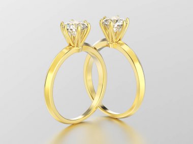 3D resimde iki sarı altın geleneksel solitaire nişan