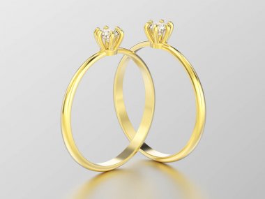 3D resimde iki sarı altın geleneksel solitaire nişan