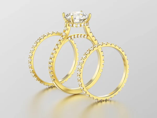 3D illustration tre olika gul guld diamantringar — Stockfoto