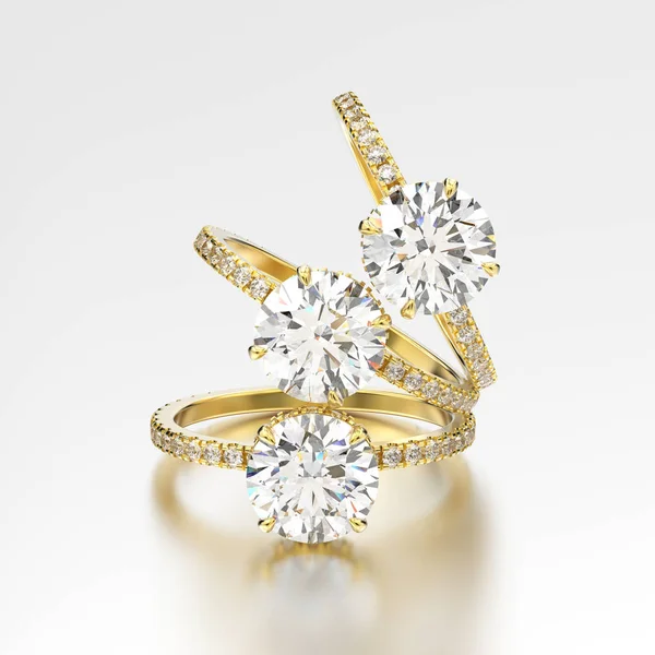 Illustrazione 3D tre oro giallo tradizionale fidanzamento diamante — Foto Stock