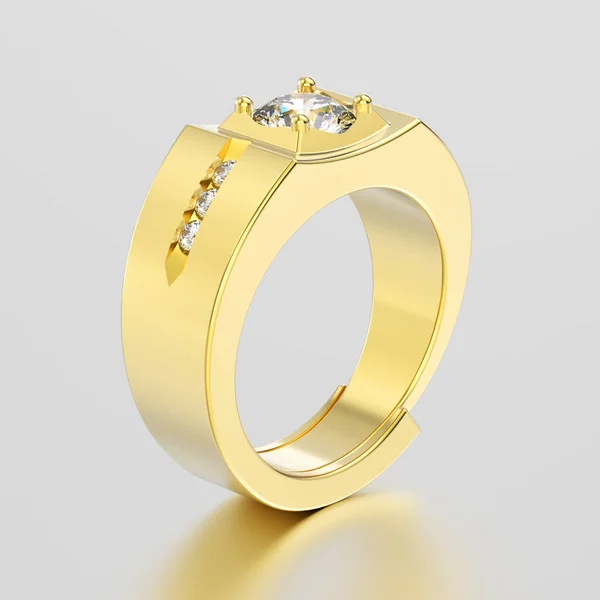 3D illustration yellow gold men signet diamond ring with reflect