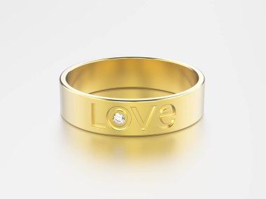 3D resimde sarı altın nişan yüzük elmas ve lov ile