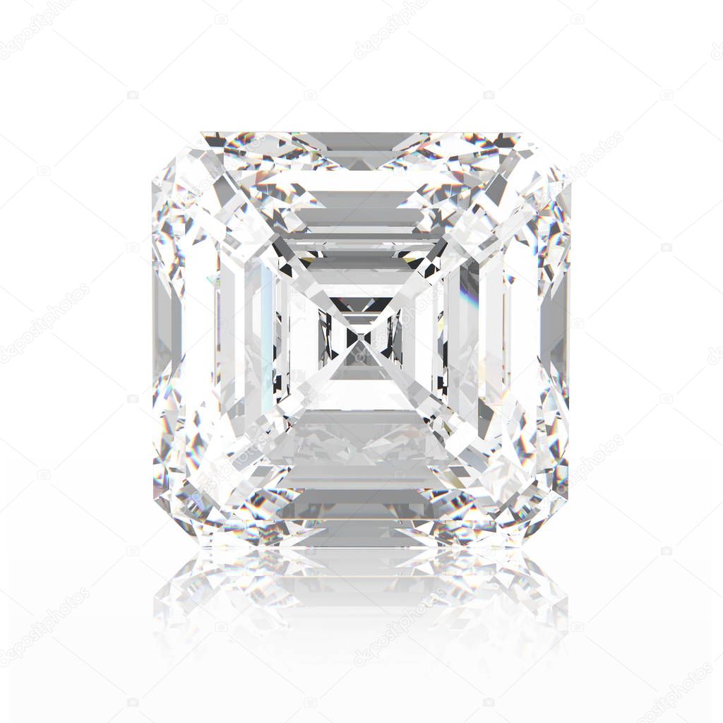 3D illustration asscher diamond stone with reflection
