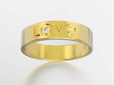 3D resimde sarı altın nişan yüzük elmas ve lov ile