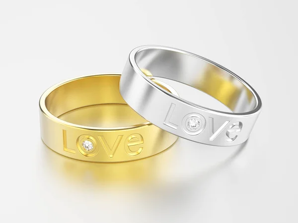 3D illustration two white gold or silver and yellow gold engagem