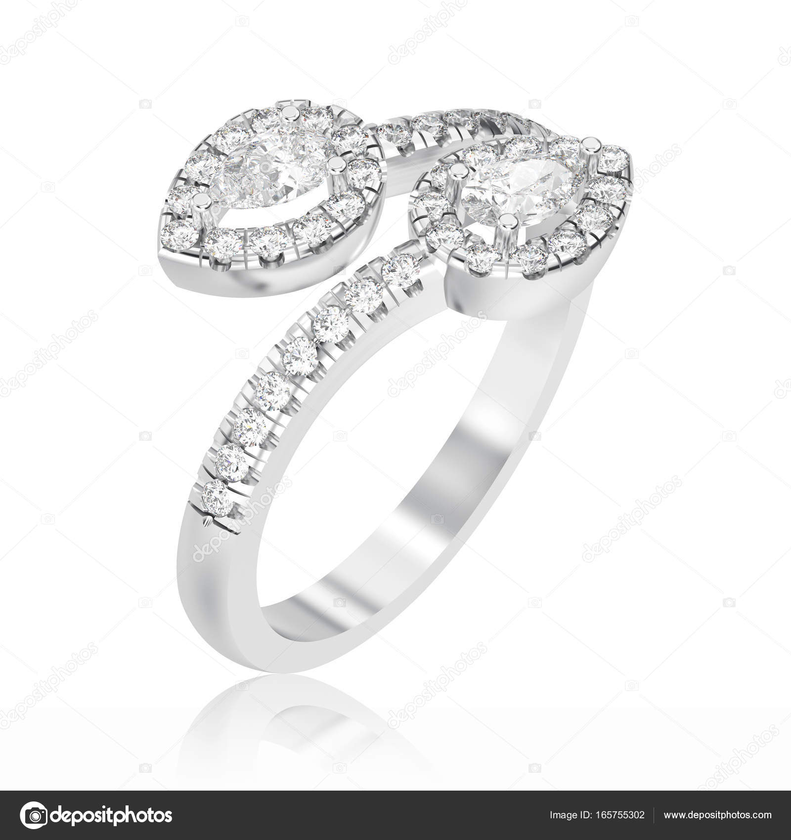 3D illustration white gold or silver leaflet diamond ring with r Stock