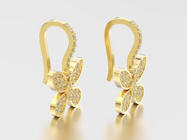 3D resimde iki sarı altın dekoratif Pırlanta kelebek kulak