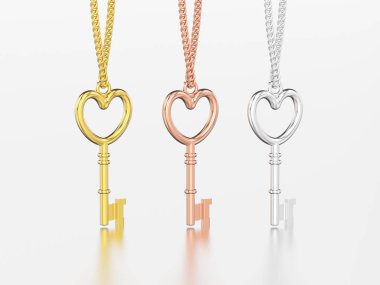 3D resimde üç sarı, gül ve beyaz altın dekoratif anahtar