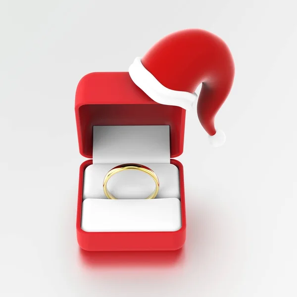 Sortija de compromiso de oro con ilustración 3D en la caja roja en Navidad — Foto de Stock