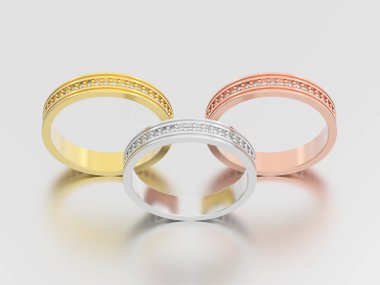 3D resimde üç sarı, gül ve beyaz altın nişan Çar