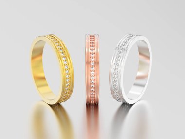 3D resimde üç sarı, gül ve beyaz altın nişan Çar