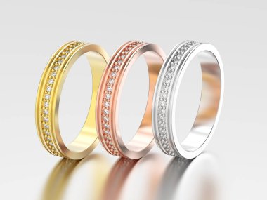 3D resimde üç sarı, gül ve beyaz altın nişan Çar