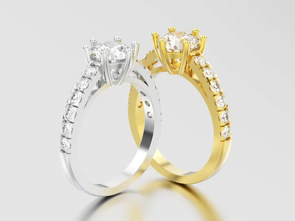 3D Abbildung zwei silberne und goldene Solitaire Verlobungsdiamanten — Stockfoto