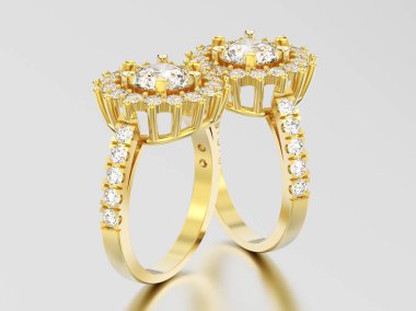 3D resimde iki sarı altın solitaire dekoratif elmas rin