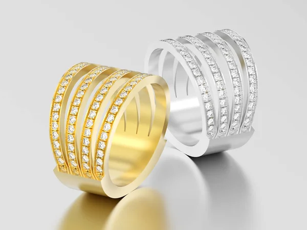 Ilustración 3D se levantó dos de oro y plata de cuatro vástagos de diamantes rin — Foto de Stock