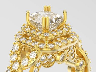 3D resimde sarı altın zarif solitaire dekoratif elmas