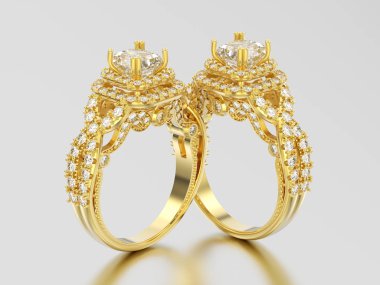 3D resimde iki sarı altın zarif solitaire dekoratif dia