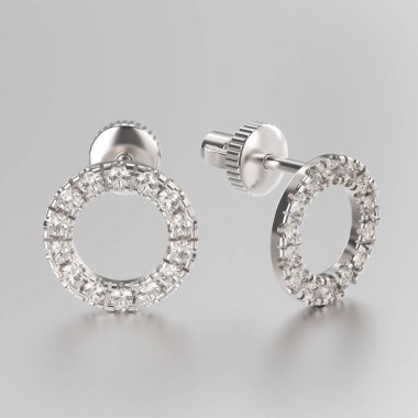 3D resimde beyaz altın pırlanta küpe yuvarlak 